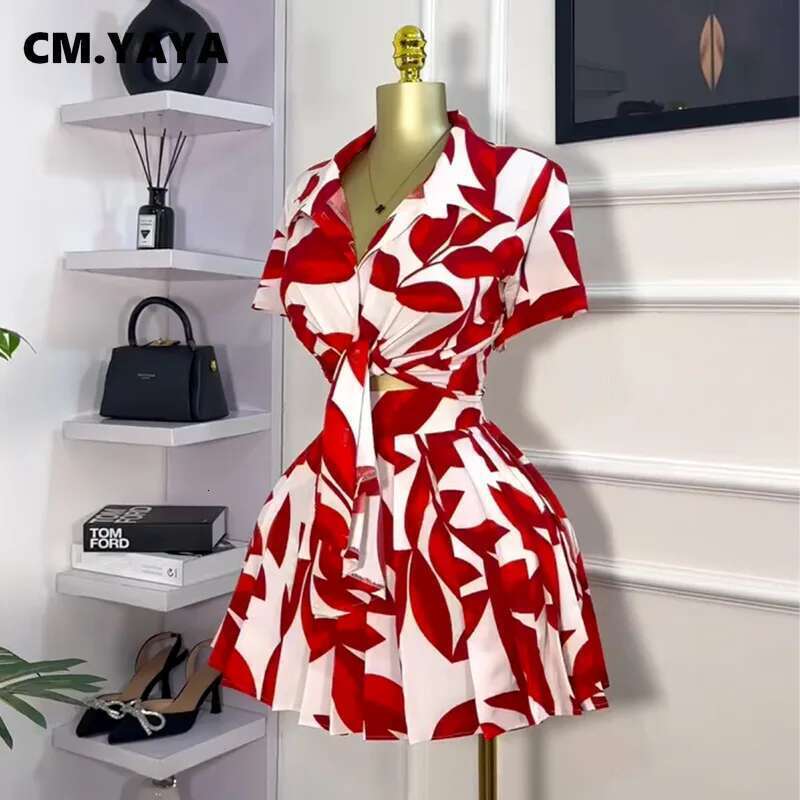 Cm.Yaya Leaf Printed Women's Set Short Sleeve Bowknot Hem Blouse Shirt And Pleated Mini Skirts Suit 2023 Two 2 Piece Sets Outfit