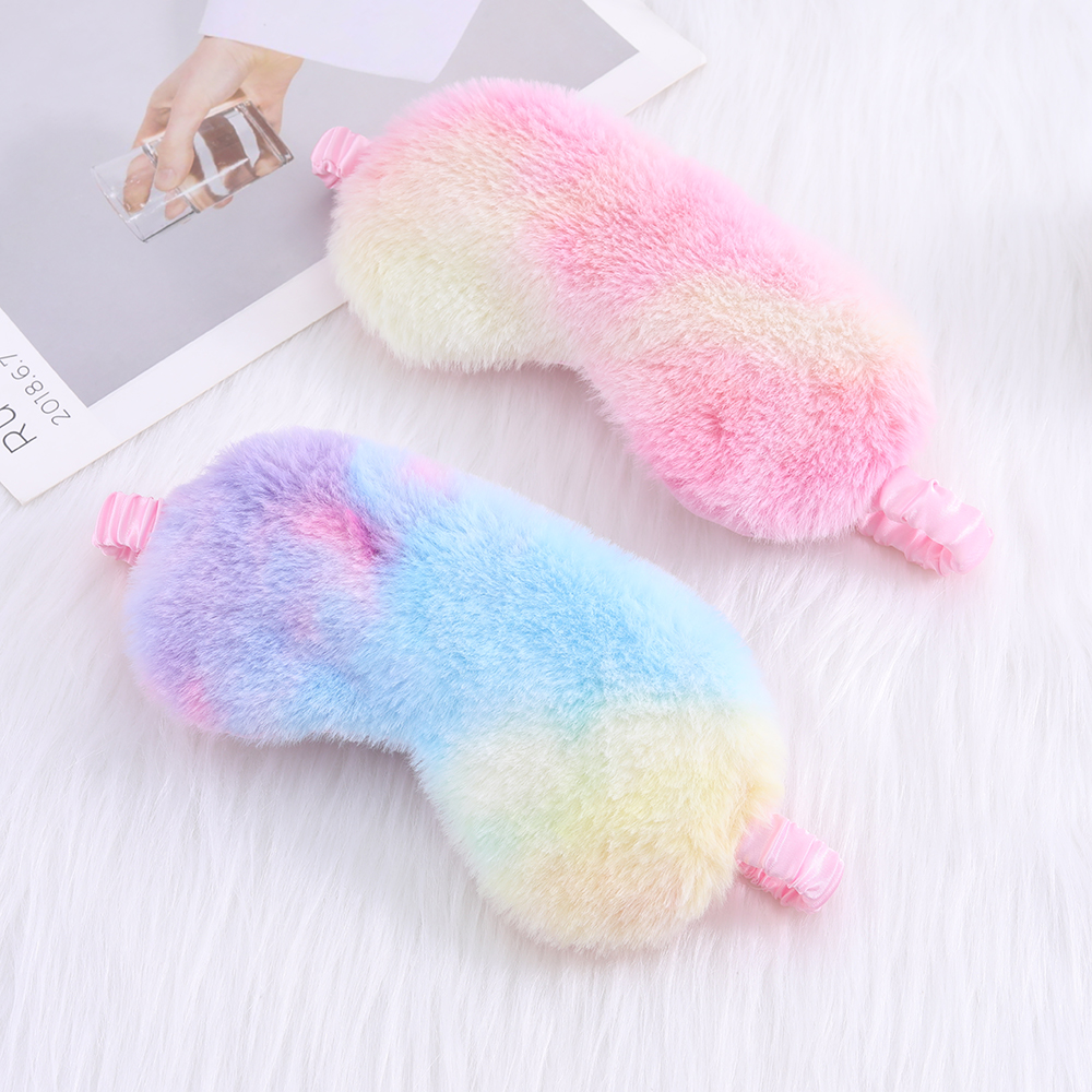 Colorful little rabbit plush sleep eye mask with rainbow print, cute cartoon eye mask in stock.