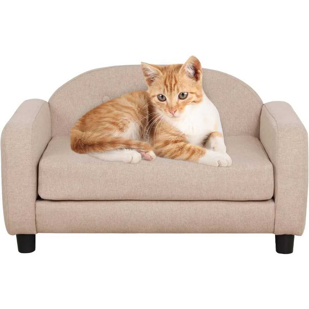 Dog sofa and chair for small pets/cat sofa bed with wooden frame/linen fabric dog bed/cat sofa chair with cushion/dog X250412