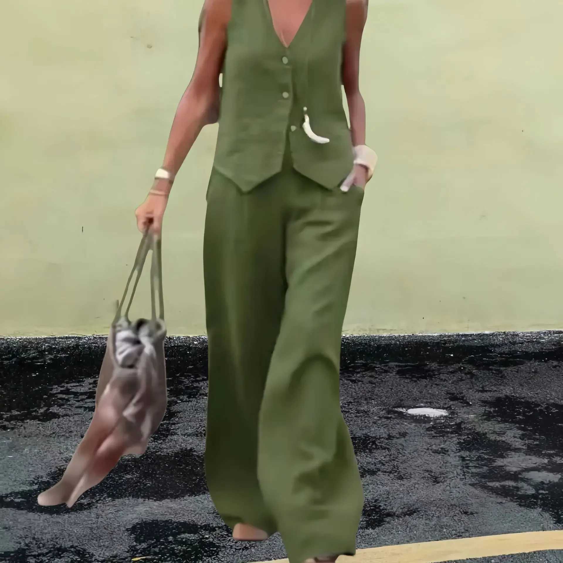 2024 Fashion Crossover New Solid Color Womens Set Tank Top Trouser Splicing Work Leisure 2-piece SetXJ250414