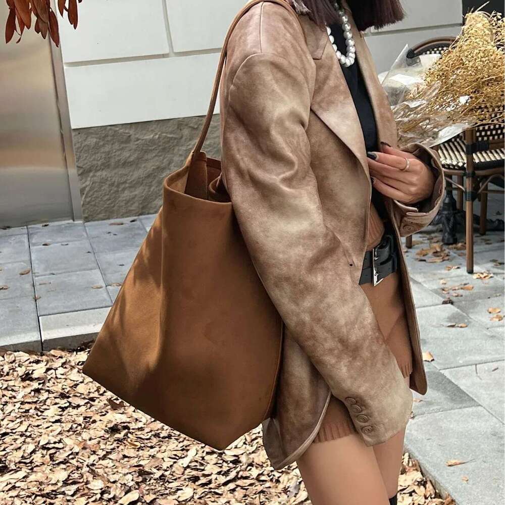 Retro Niche Design Glossy Cowhide Suede Leather Bucket Tote 2 Sizes Deep Grey Women Handbag Buckskin Commter Shoulder Bag