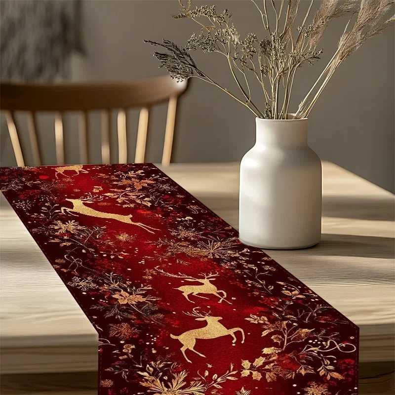 Christmas 1pc Tabel Runner Elegant Burgundy Golden Xmas Table Runner Red Winter Holiday Decor Kitchen Dining Table Decoration Home Party Y251113