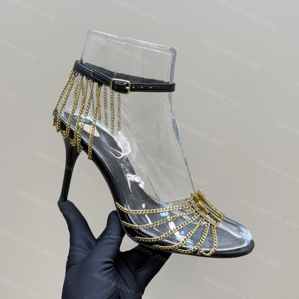 Babylone Strappy Chain Stiletto Sandals 9cm Foot Naked Tie-up Sandals Luxury Designer Round Toe Hollow Party Evening Dress Shoes Factory Footwear With box 35-41