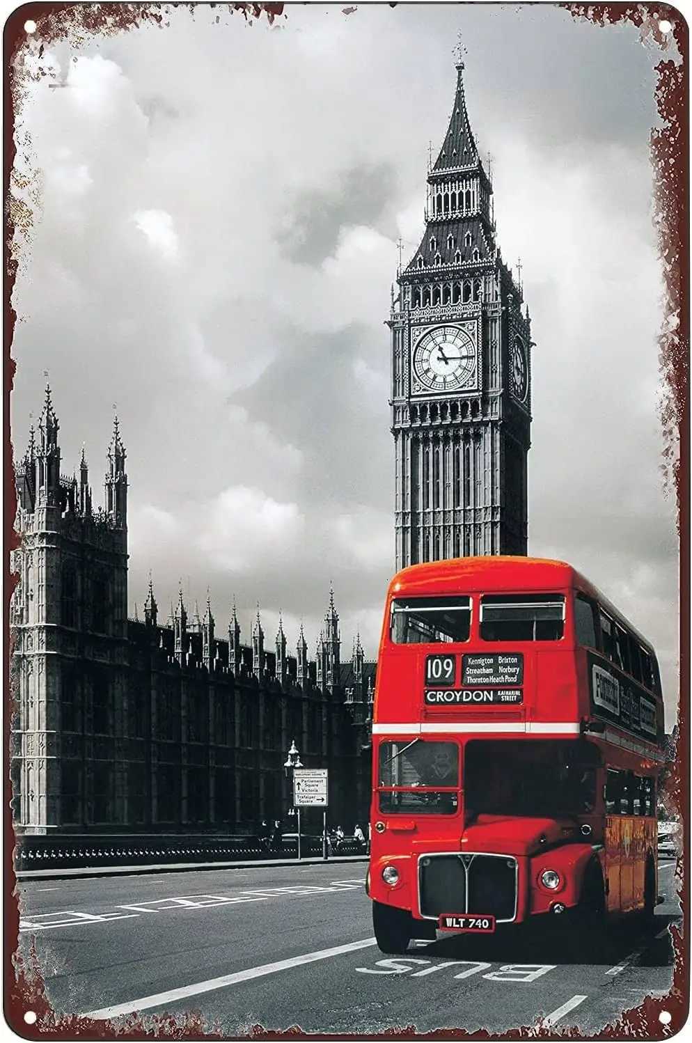 1wLondon Red Double Decker Bus Big Ben Poster Vintage Metal Tin Sign Wall Art Plaque Decor for Home Bar Pub Club CafeM251114