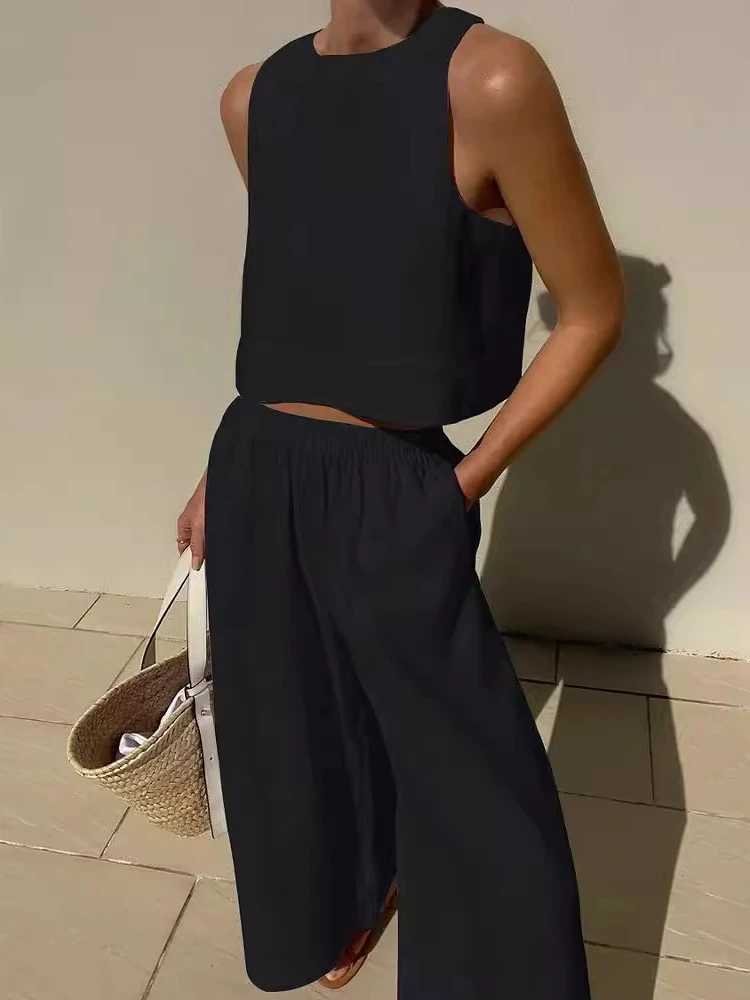 2024 Summer Fashion New Womens Cotton and Hemp Rope Set Round Neck Strapless Shirt Tie Wide Leg Sports Pants Two Piece SetXJ250414