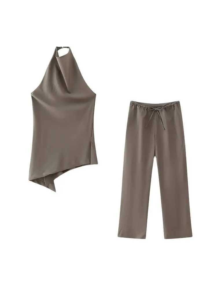 TRZA pleated asymmetrical camisole vest and womens straight pants Fe two-piece set fashionableXJ250414