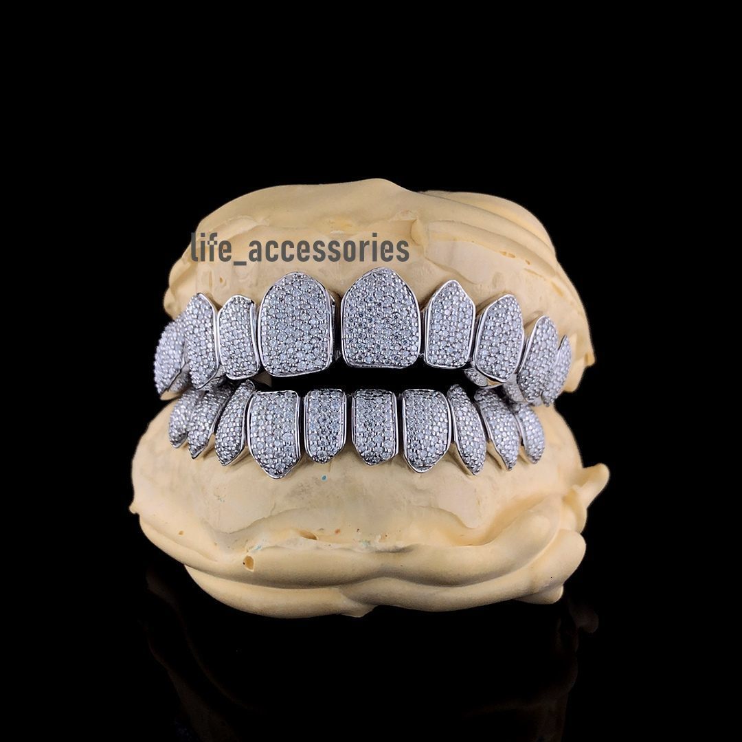 Custom Hiphop Iced Out Grillz Top 8 Bottom 8 925 Sterling SilverDiamond Teeth VVS Moissanite Grillz