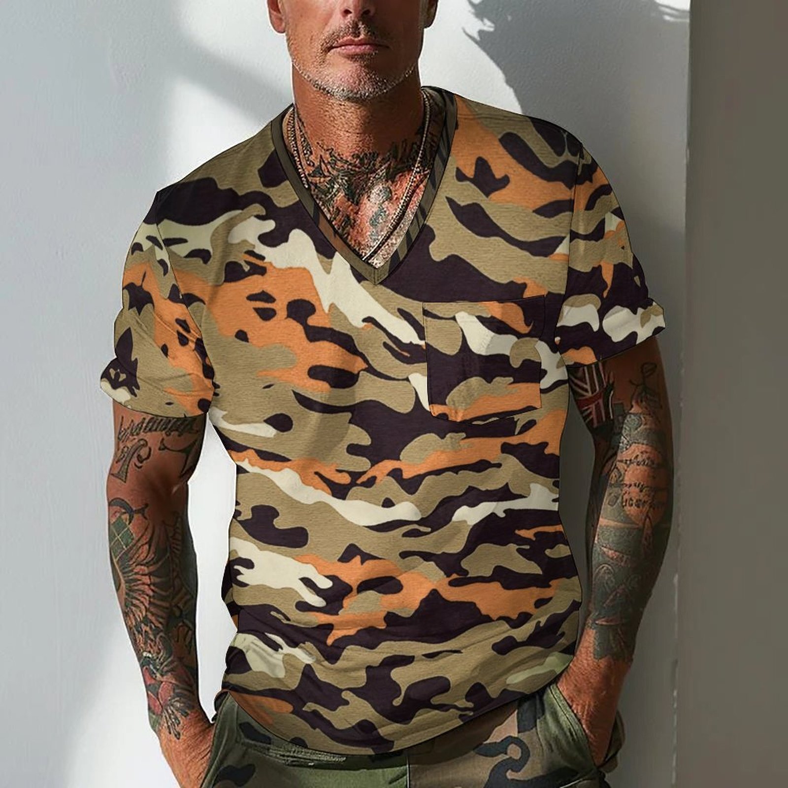 2025 Digital Printing Camouflage T-shirt Men's Summer Slim Fit Chicken Neck Short Sleeve