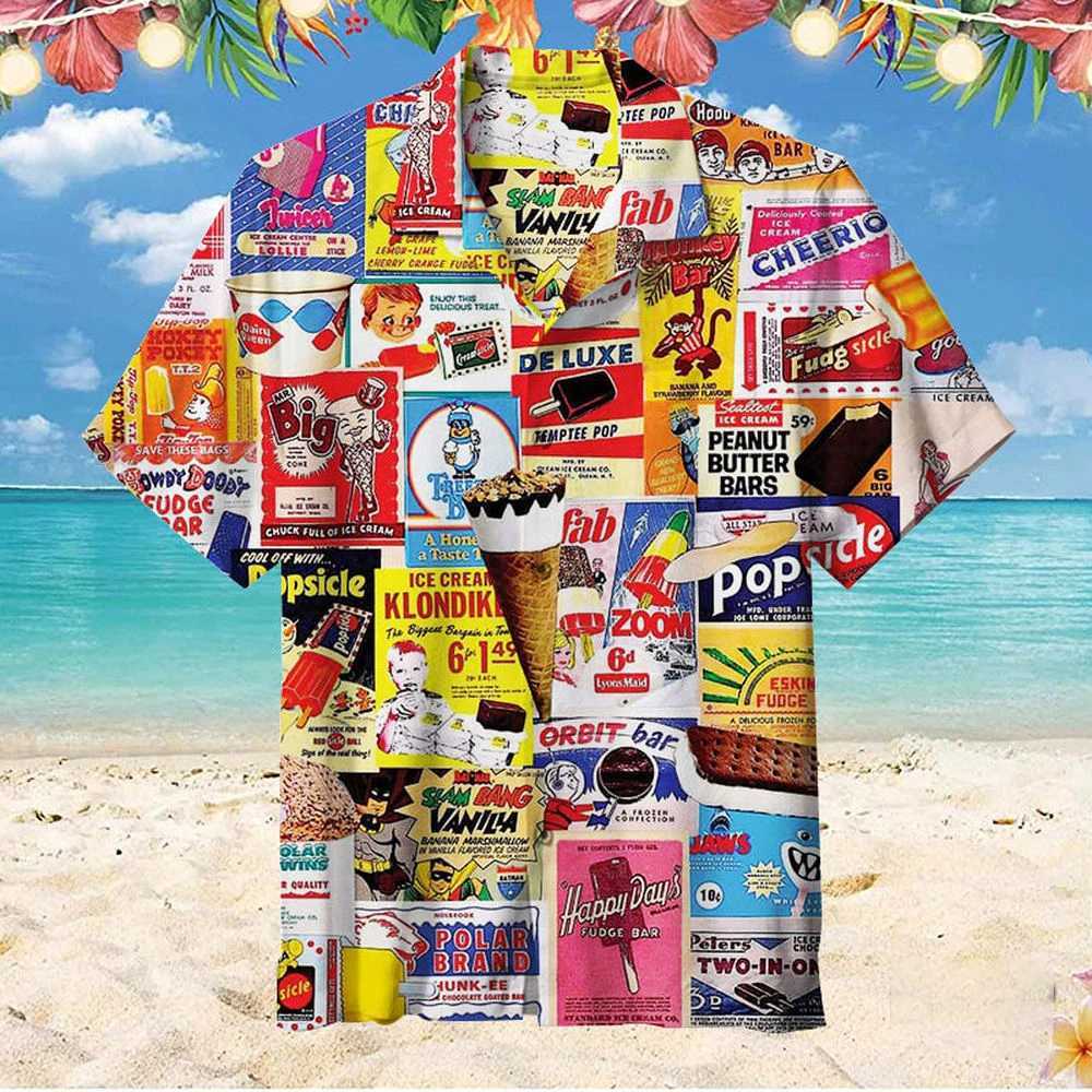 2024 Hawaii Mens Summer Ice Cream T-shirt Beach Printed Short Sleeve Top Casual Original Design Mens Wear W250414