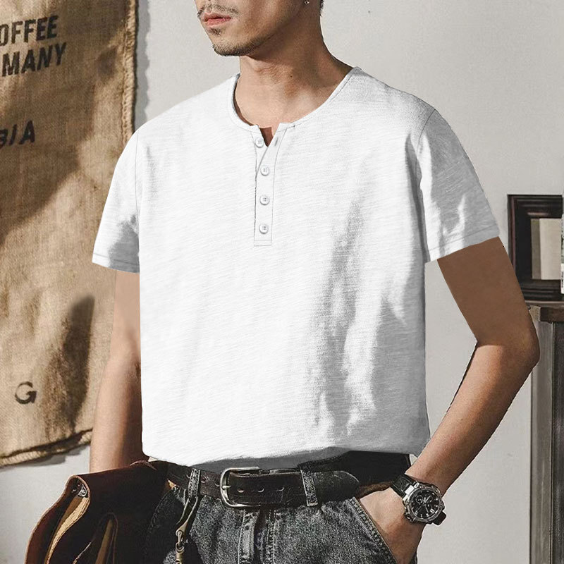 Bamboo cotton summer Henry shirt short sleeved casual American plus size solid color round neck men's T-shirt
