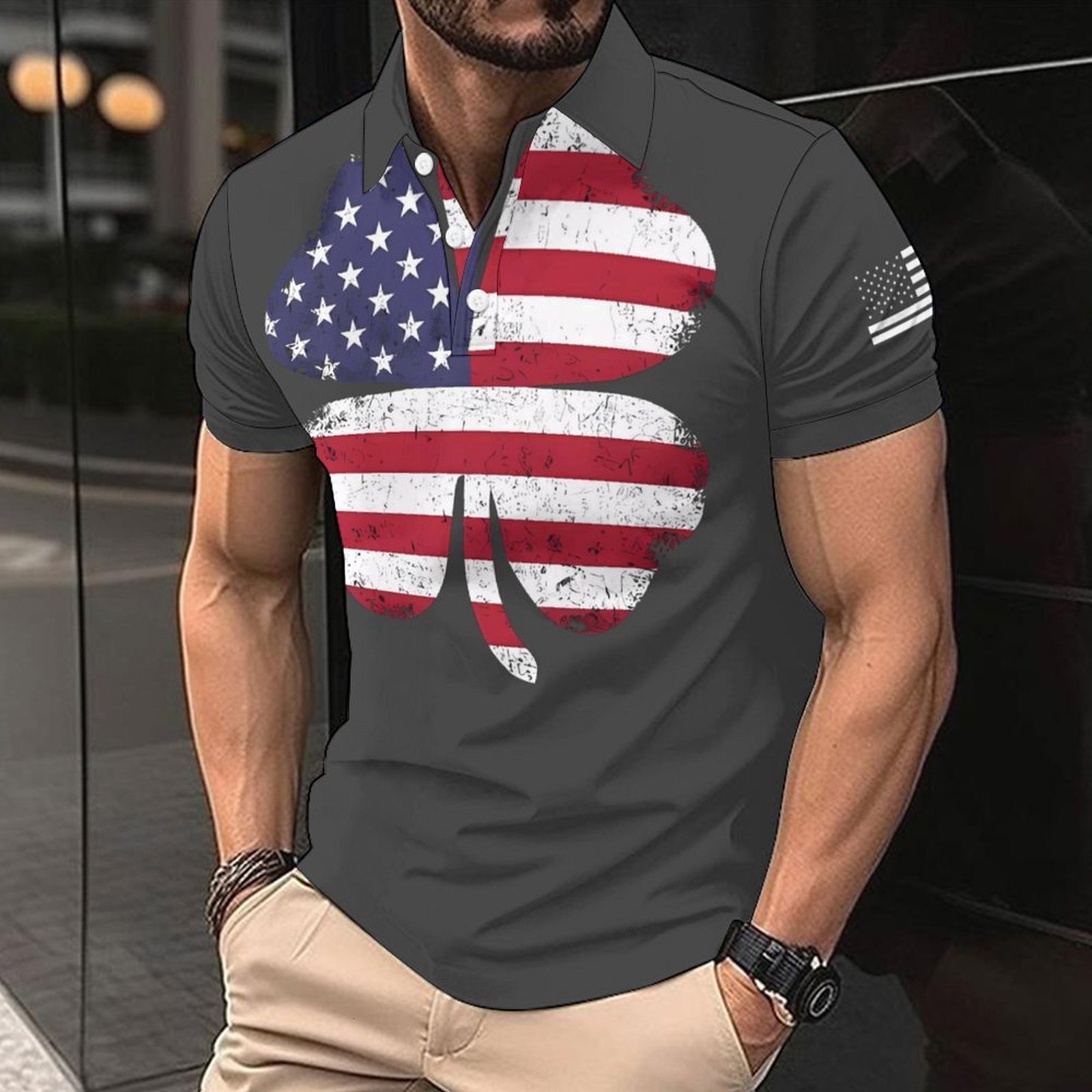 Digital printed button up collar t-shirt casual bird eye fabric top short sleeved men's polo shirt summer