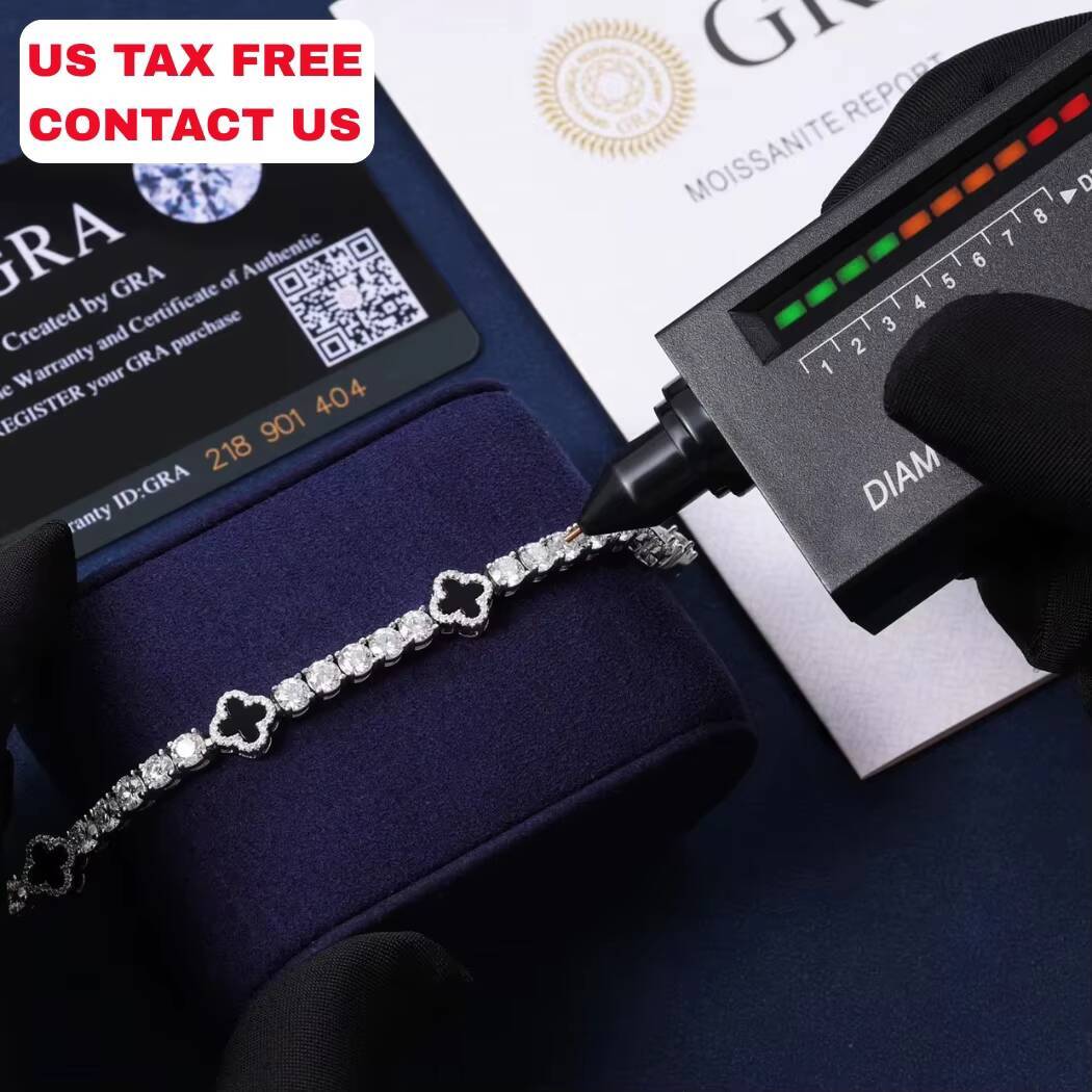 Fashion Design Black Clover Tennis Chain Luxury VVS D Moissanite 925 Sterling Silver Tennis Bracelet 4mm Hip Hop Jewelry