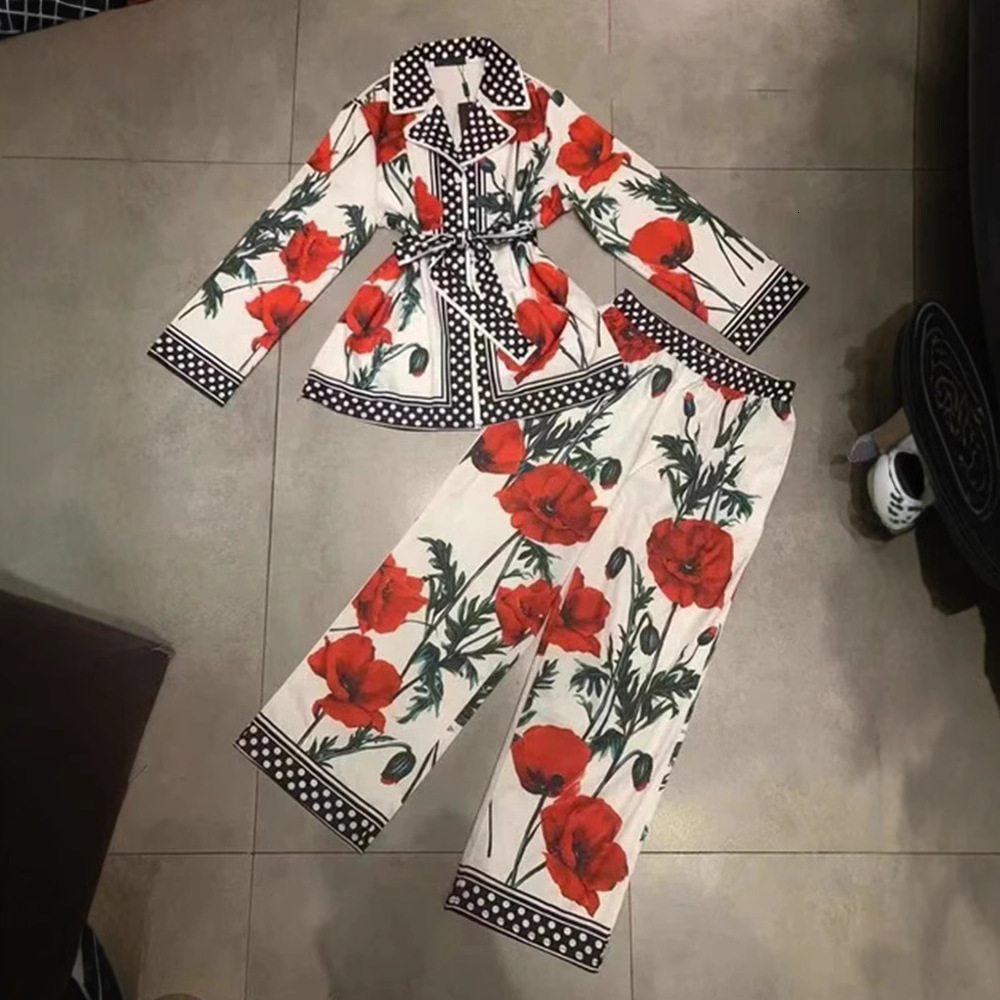 Womens geometric print loose sleepwear two-piece set autumn+elastic waist wide leg pants fashion set240730