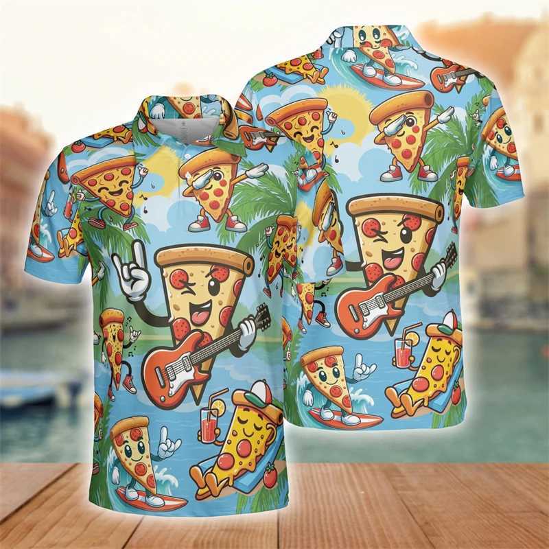 Fashion design Pizza 3D printing mens polo shirt Harajuku animal short sleeved Hawaiian vacation beach polo shirt top W250414
