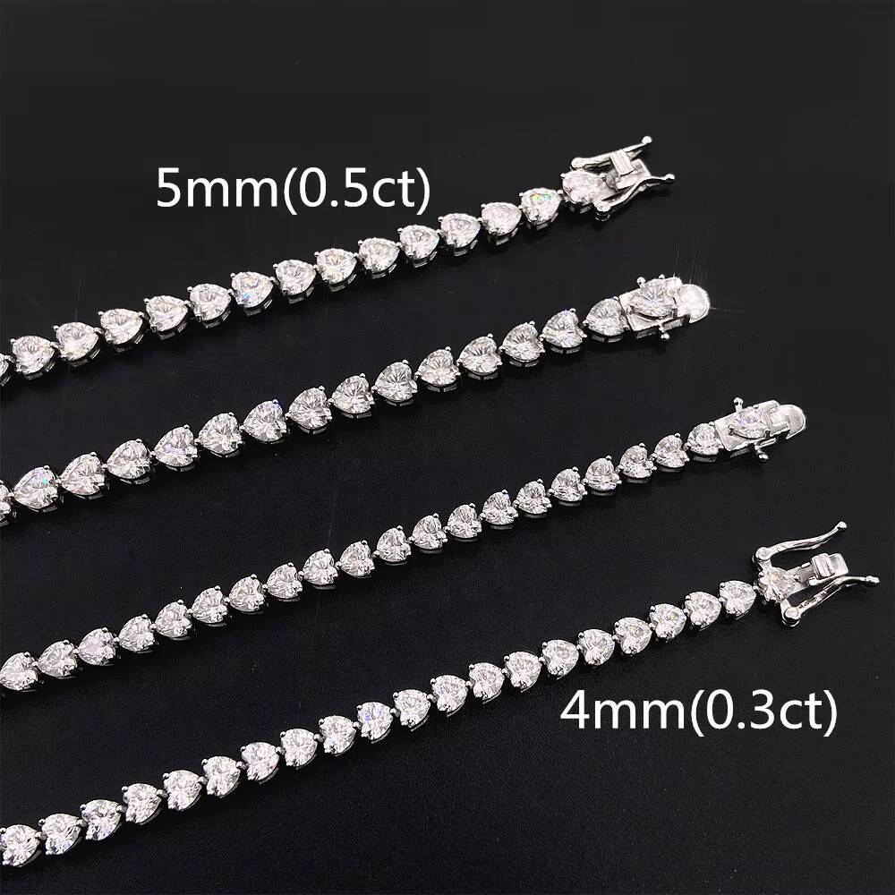 Trendy Rapper Hip Hop Jewelry VVS 3mm 18k Gold Heart Luxury Iced Out Moissanite Tennis Chain Bracelet with Women Best Gift
