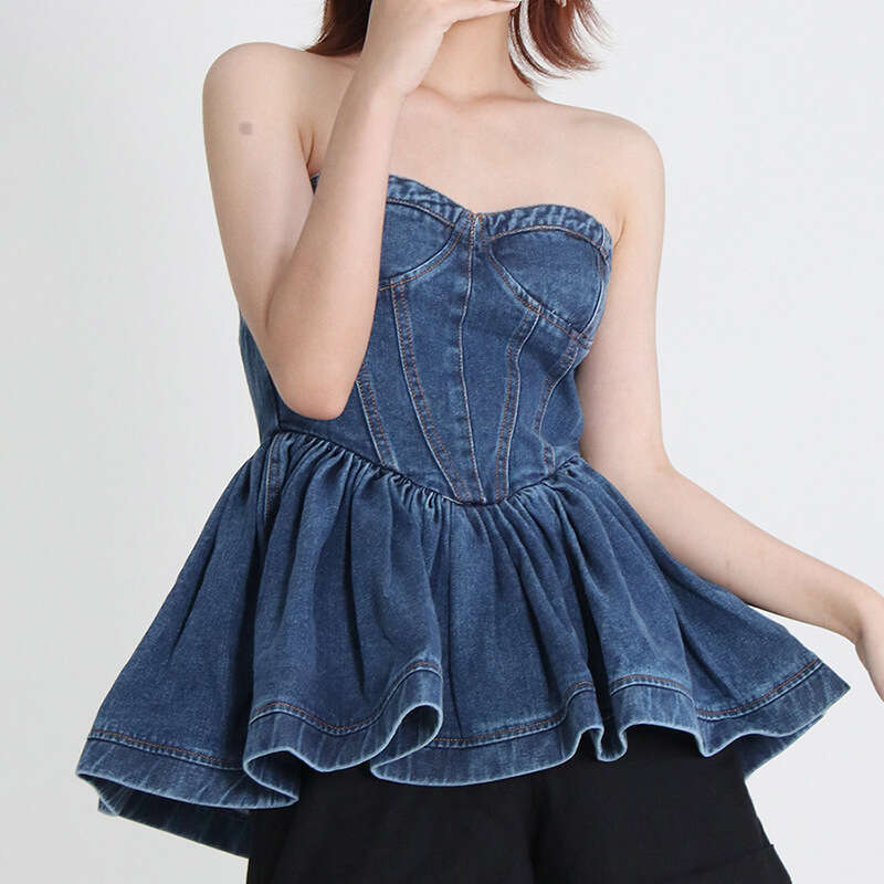 Designer Women's Spring 2025 Elegant Denim Strapless Top with Patchwork Detail and Ruffled Edges
