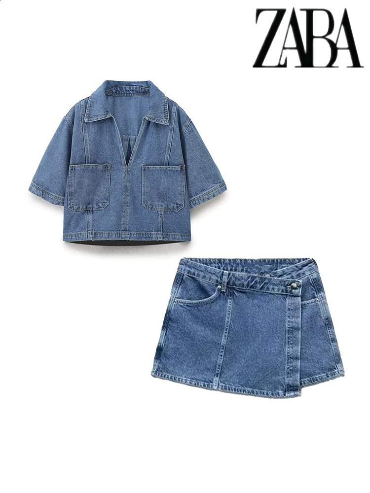 TRAF Womens Pocket Decoration Loose Denim Suit Casual Lapel Short Shirt Asymmetric Skirt Versatile Two Piece Set 250411