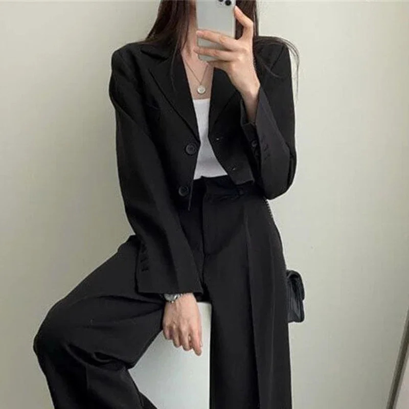 Tempering Cropped Blazer for Women Korean Fashion Office Long Sleeve Set Jacket 2024 Single Chest 250414Z
