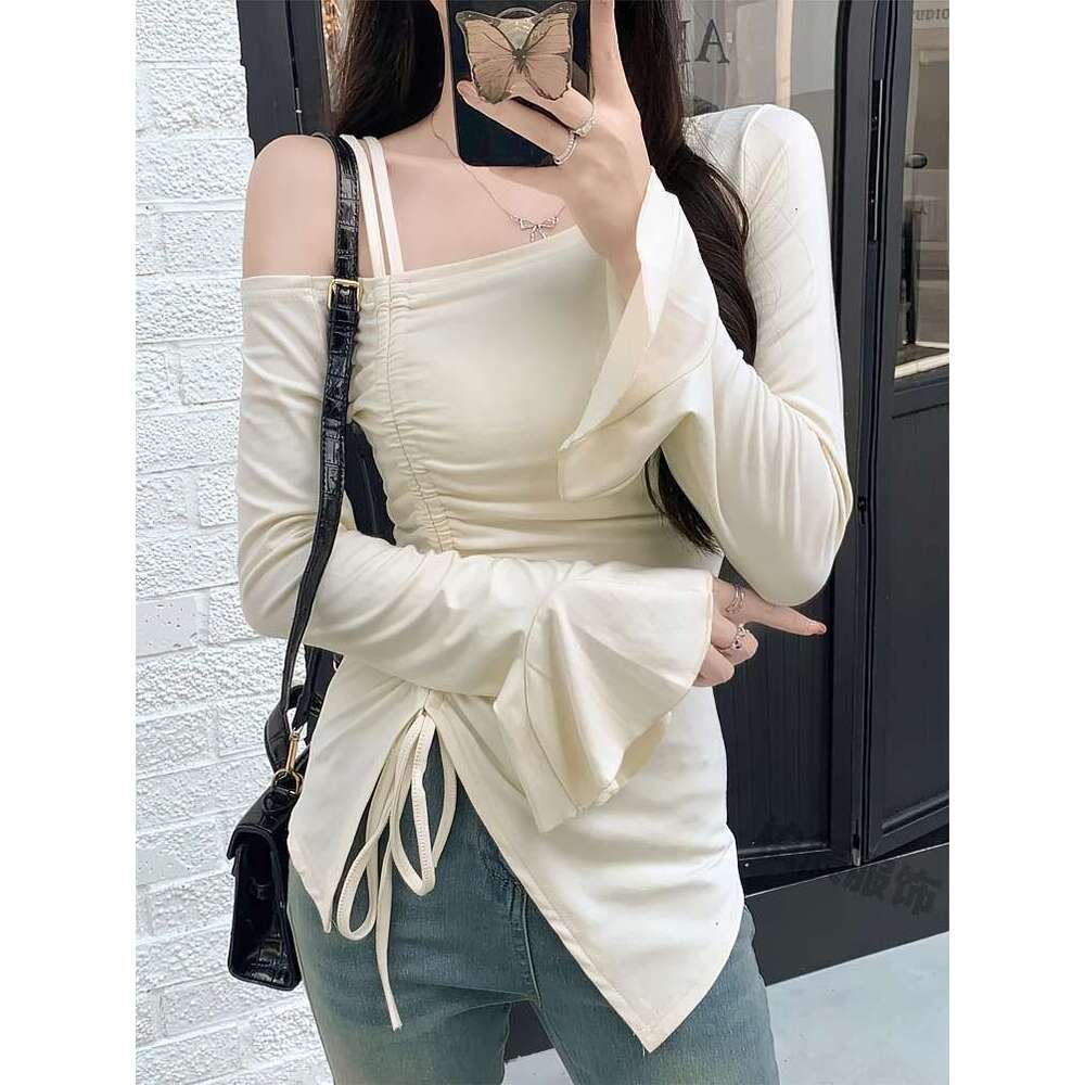 Sweet Sexy Drawstring Ribbon White Off Shoulder Top Women Basic Long Body T-Shirt Elegant Flare Sleeve Lady Tees
