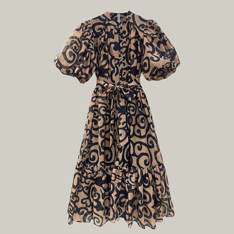 Designer Women's French Style Printed Maxi Dress with Bubble Sleeves - Loose Fit, Round Neck for Summer