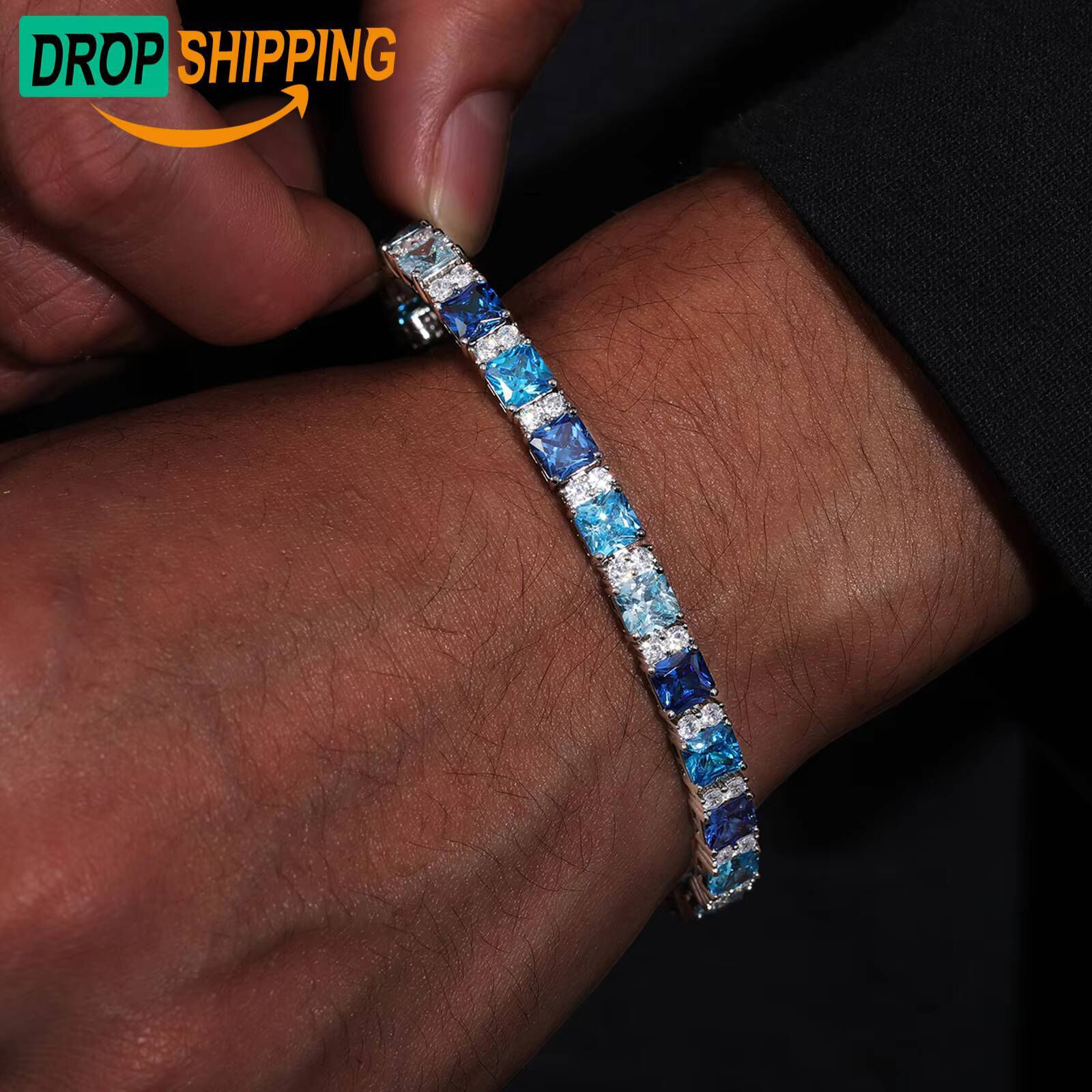 Dropshipping Trendy 65mm 925 Sterling Silver VVS Moissanite Diamond Asscher Cut Gradient Color Blue Gemstone Tennis Bracelet