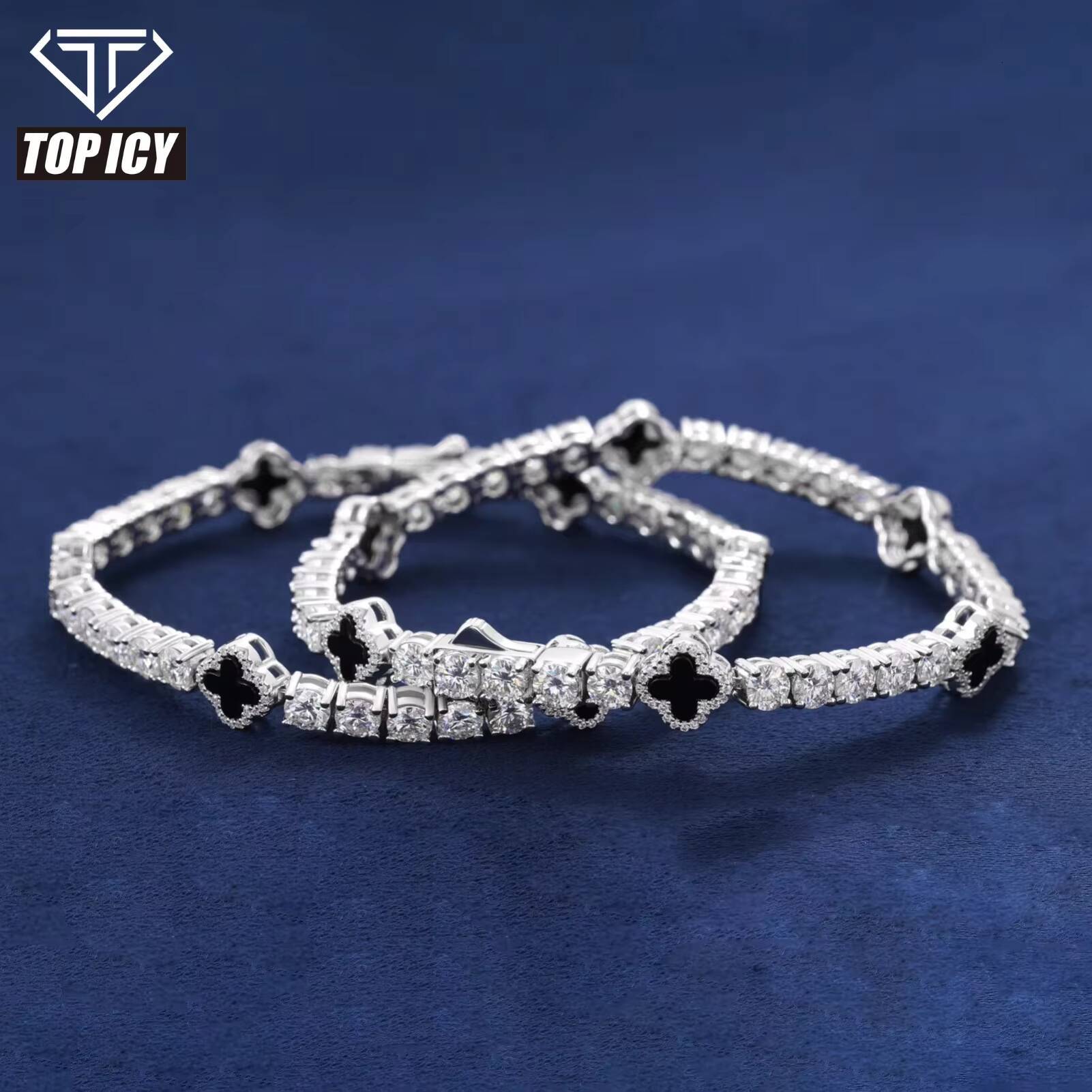 Fashion Design Black Clover Tennis Chain Luxury VVS D Moissanite 925 Sterling Silver Tennis Bracelet 4mm Hip Hop Jewelry
