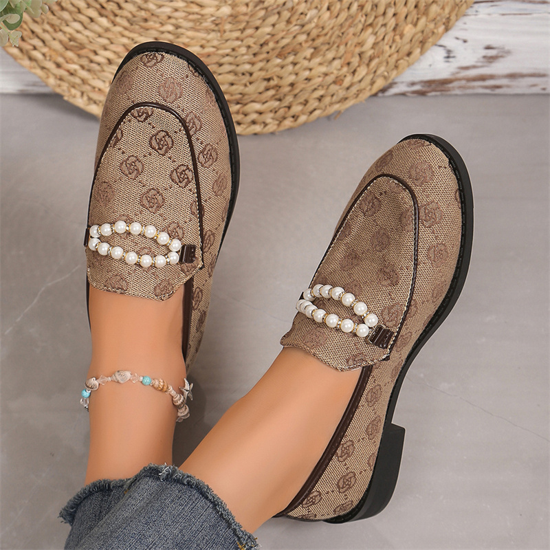 free shipping designer shoes for women ladies 2025 New Large Thick Heel Printed Pearl Metal Buckle Fashion Casual Outerwear Size 36-43 for daily wear