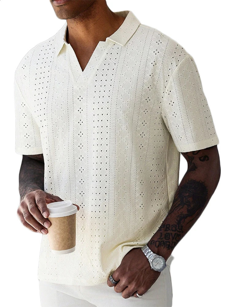 Leisure Breathable Hollow Out Tops Mens Knitted Short Sleeve Polo Collar Shirts For Men Summer Casual Pure Color Knit Polo Shirt 250411