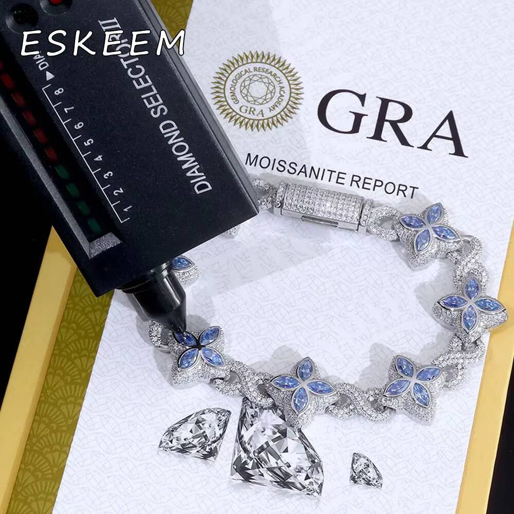 Colorful VVS Moissanite Cuban Link Bracelet 925 Silver Iced Out Colors Floral Design Bracelet Hip Hop Fine Jewelry for Men Women