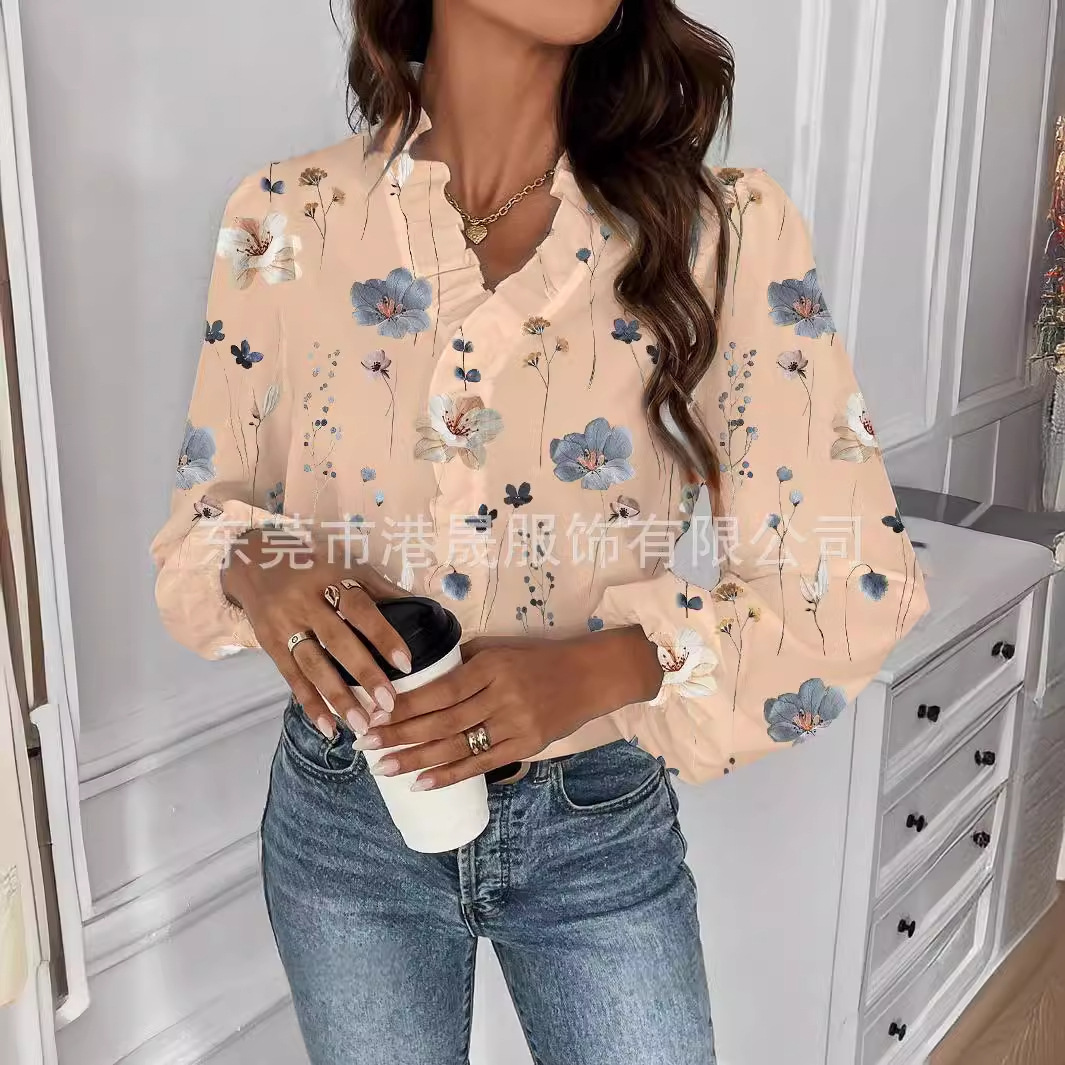 Spring and Autumn Temu women's long sleeved shirt with ruffled V-neck printed temperament commuter top