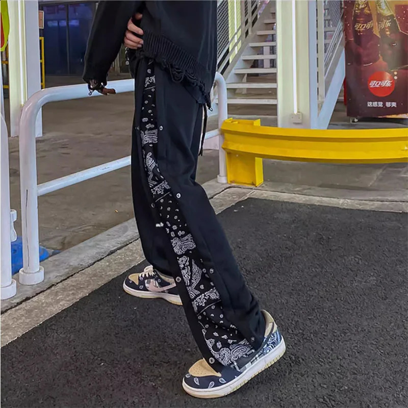 Breasted Pants Boys Fashion Straight Tube Trend Baggy Handsome High Street Hip Hop Wide Leg Open Hemp Flower Casual Sports 250411