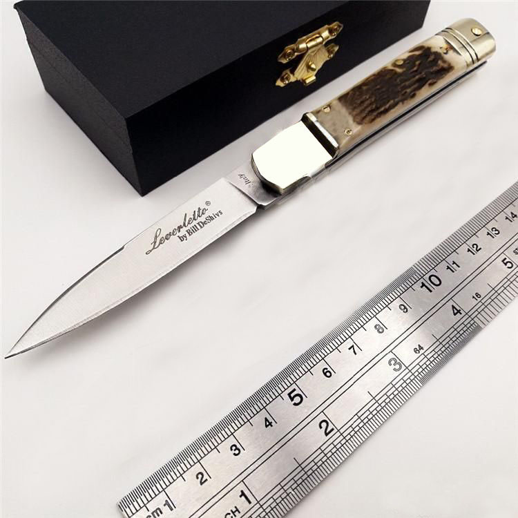 2Models Leverletto By Bill DeShivs Folding Knife 3.26 D2 Steel Blade, Natural Antler Handles