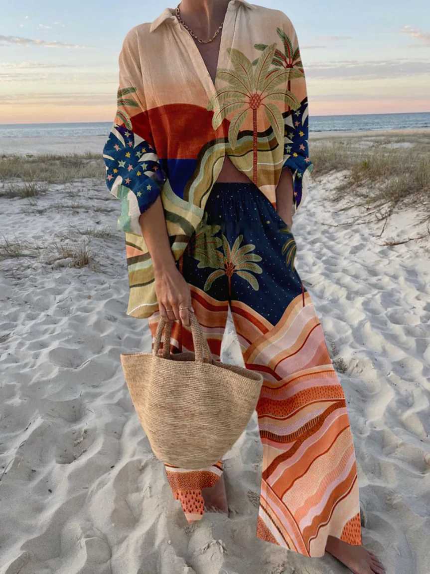 Fashion Printed Beach Holiday 2-piece Womens Spring/Summer Long Sve Top+Wide Leg Womens Oversized 2-piece SetXJ250414