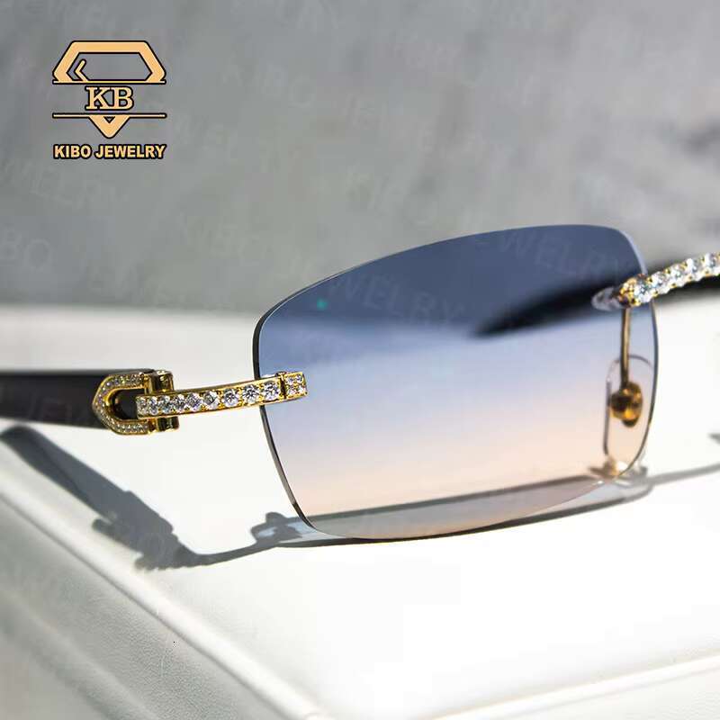Hip-Hop Style Custom Buffalo Horn Dia Cut Rimless VVS Moissanite Men Iced Out Glasses CZ Zircon Sunglasses