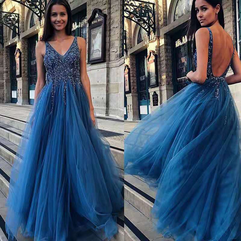 2025 New Womens Dress Deep v Sleeveless Slit Sequin Flowing Banquet Evening Gown