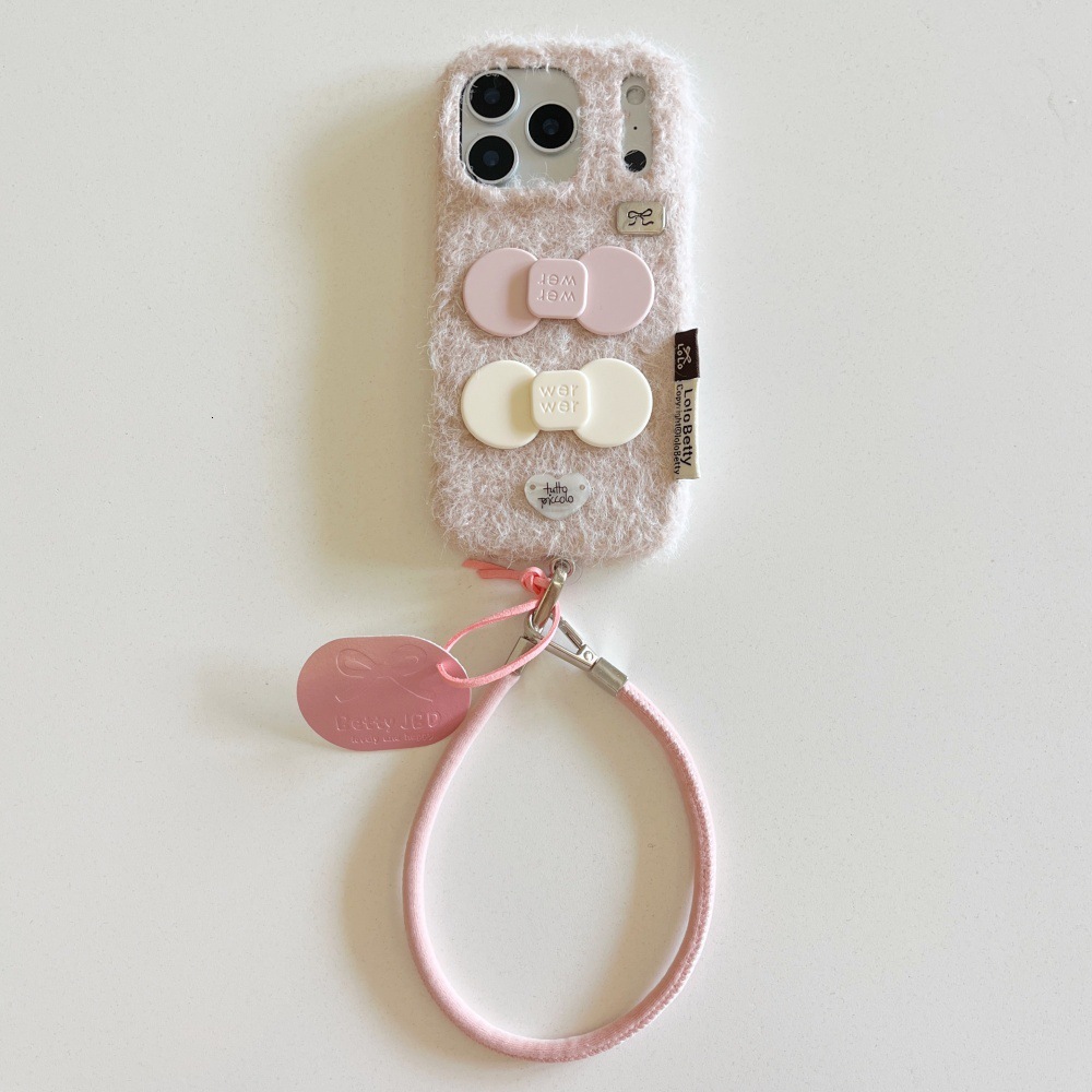 Velvet Bow Phone Case Suitable for iPhone 17 Pro Max Solid Color Lanyard Protective Cover iPhone 16/15 Pro