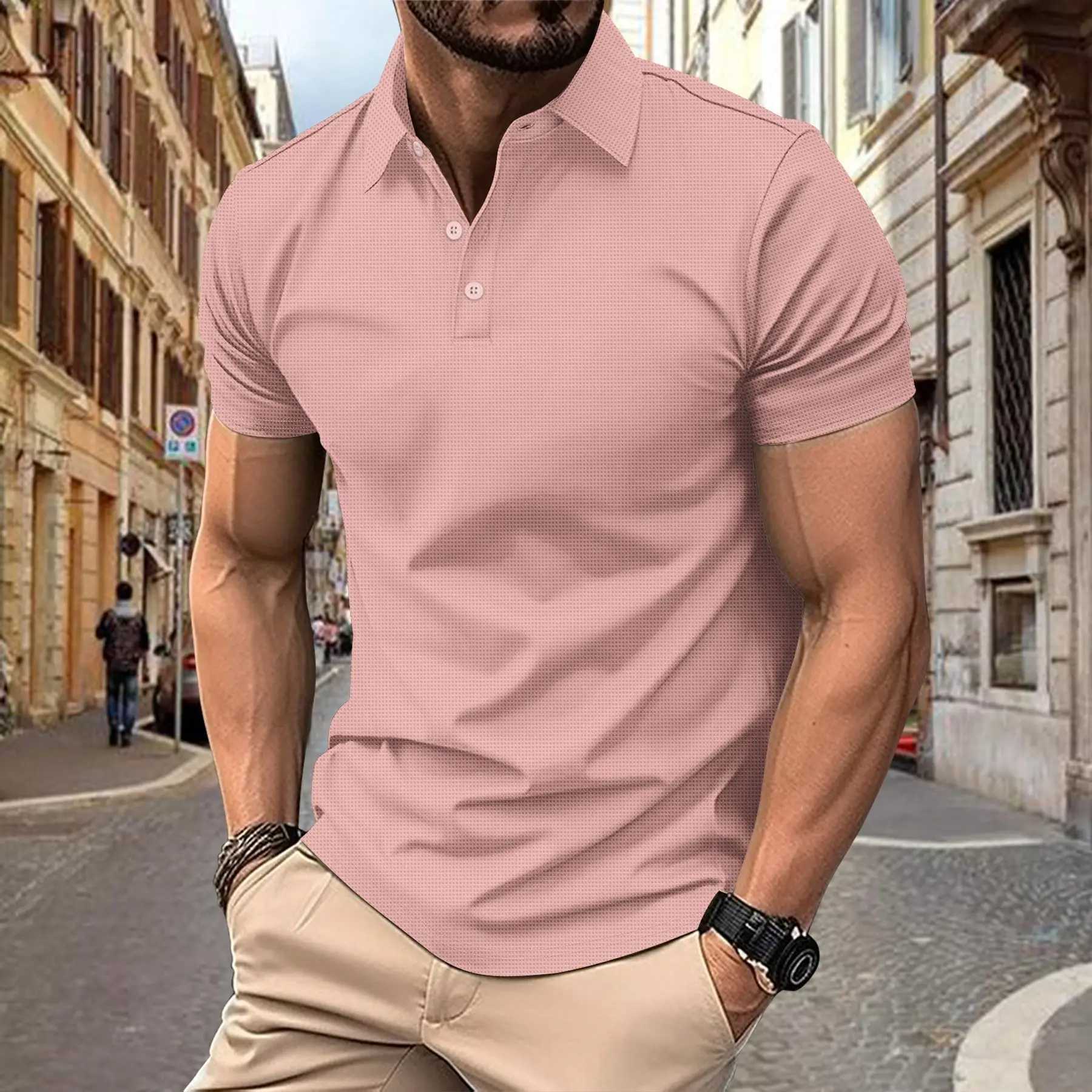 Mens T-shirt Classic Short Sleeve Polo Shirt Summer Top Casual T-shirt Buckle Neck Comfortable Casual Polo Shirt W250414