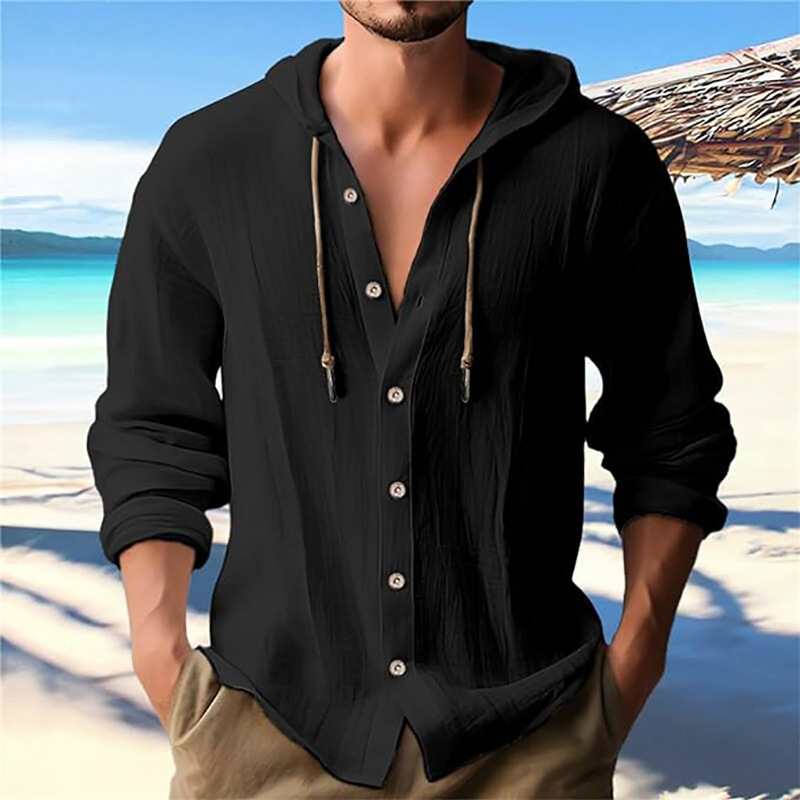 Mens solid color casual long sleeved shirt hooded drawstring cotton and linen cardigan trendy versatile loose beach T-shirt