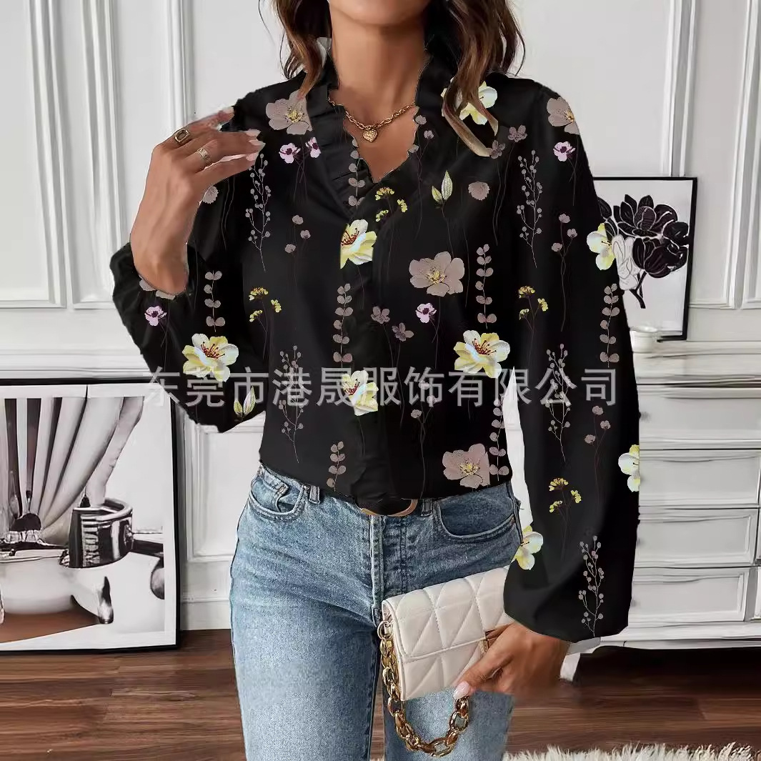 Spring and Autumn Temu women's long sleeved shirt with ruffled V-neck printed temperament commuter top