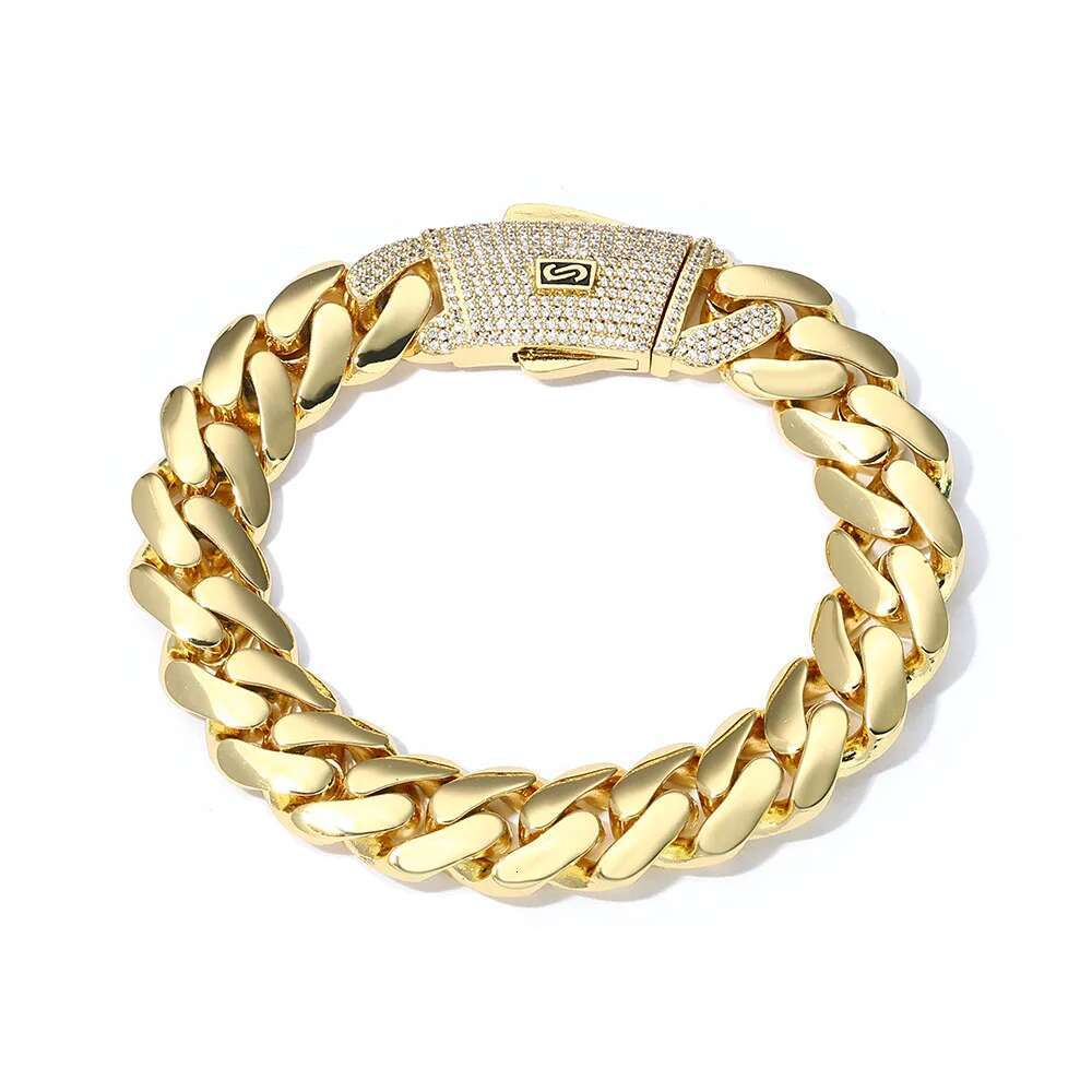 ESKEEM Iced Diamond Clasp Flat 12mm Miami Cuban Link Chain 14K Gold Plated Thick Solid Cuban Link Chain Hip Hop Jewelry for Men