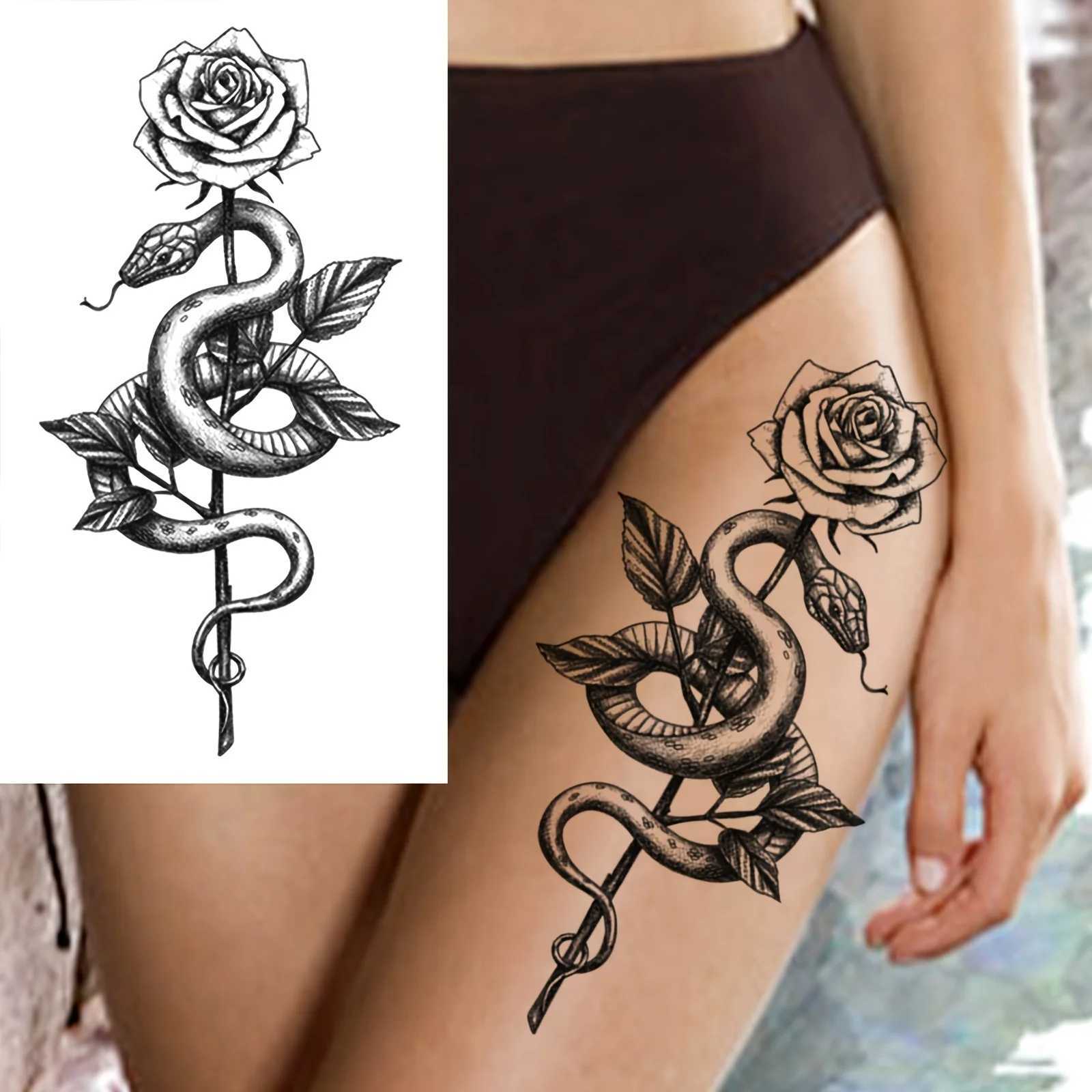 Waterproof Temporary Tattoo Stickers Black Dragon Flash Tattoo Female Snake Rose Body Fake Tattoo Flower Arm TattooXJ25414