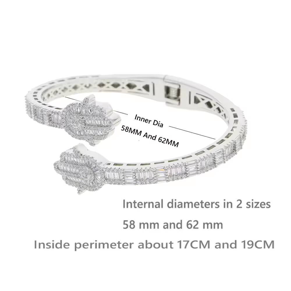 New Iced Out Bling Micro Pave 5A CZ Zircon Baguette Diamond Hamsa Hand Openning Bangle for Men Women Hip Hop Luxury Jewelry