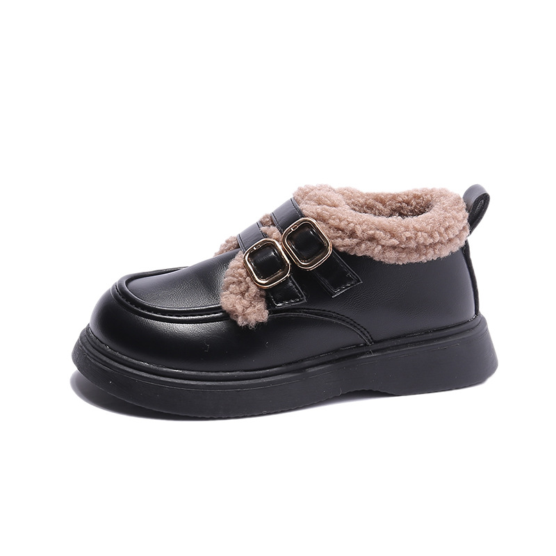 British Style Children Leather Shoes for Girls Winter 2025 Lamb Wool Warm Kidszworld Boys Uniform School Kids Cotton Shoes Plush PU Sizes 23 - 36 K037