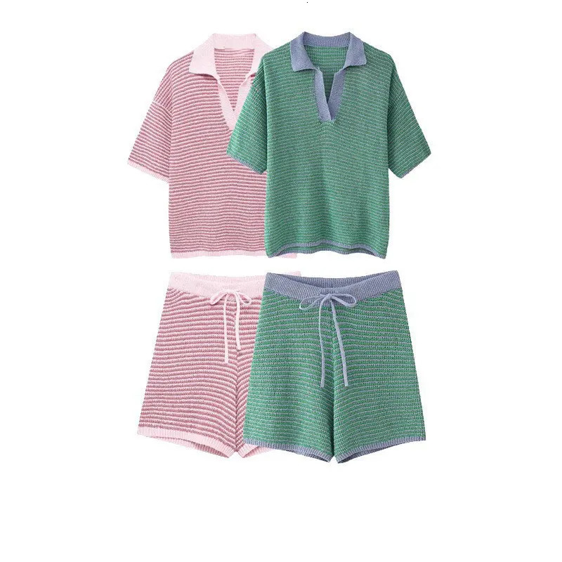 Womens casual knitted polo shirt patchwork colors collar solid short sleeved T-shirt top spring summer 250410