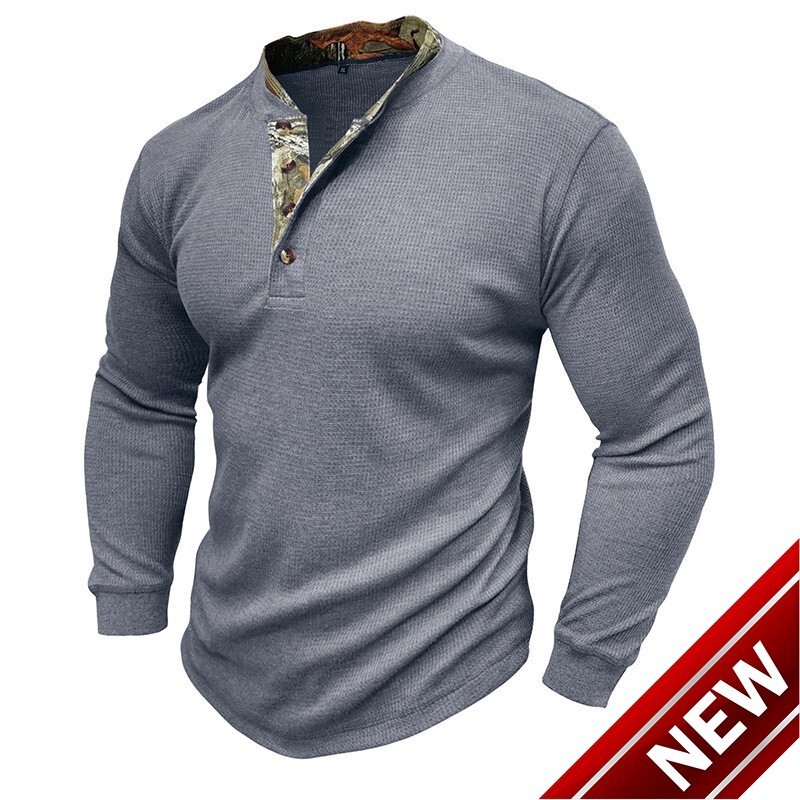 Mens long sleeved outdoor bottoming shirt Mens Henry T-shirt Waffle round neck top