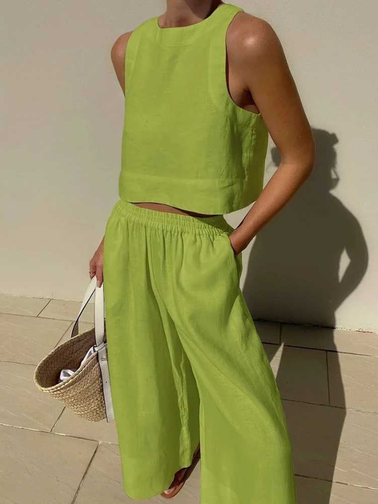 2024 Summer Fashion New Womens Cotton and Hemp Rope Set Round Neck Strapless Shirt Tie Wide Leg Sports Pants Two Piece SetXJ250414