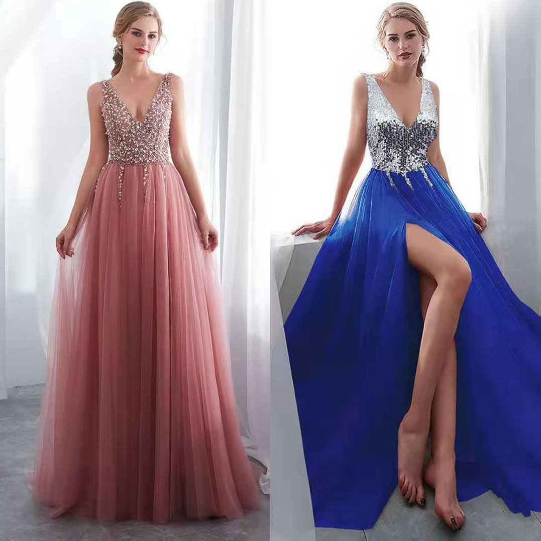 2025 New Womens Dress Deep v Sleeveless Slit Sequin Flowing Banquet Evening Gown