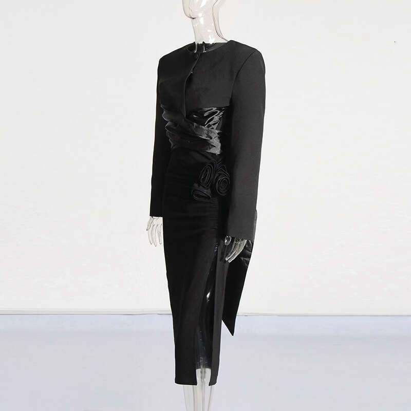 Designer Chic Women's Ensemble - Stylish Round Neck Lace Up Shirt Paired with a Trendy High Waist Split Skirt