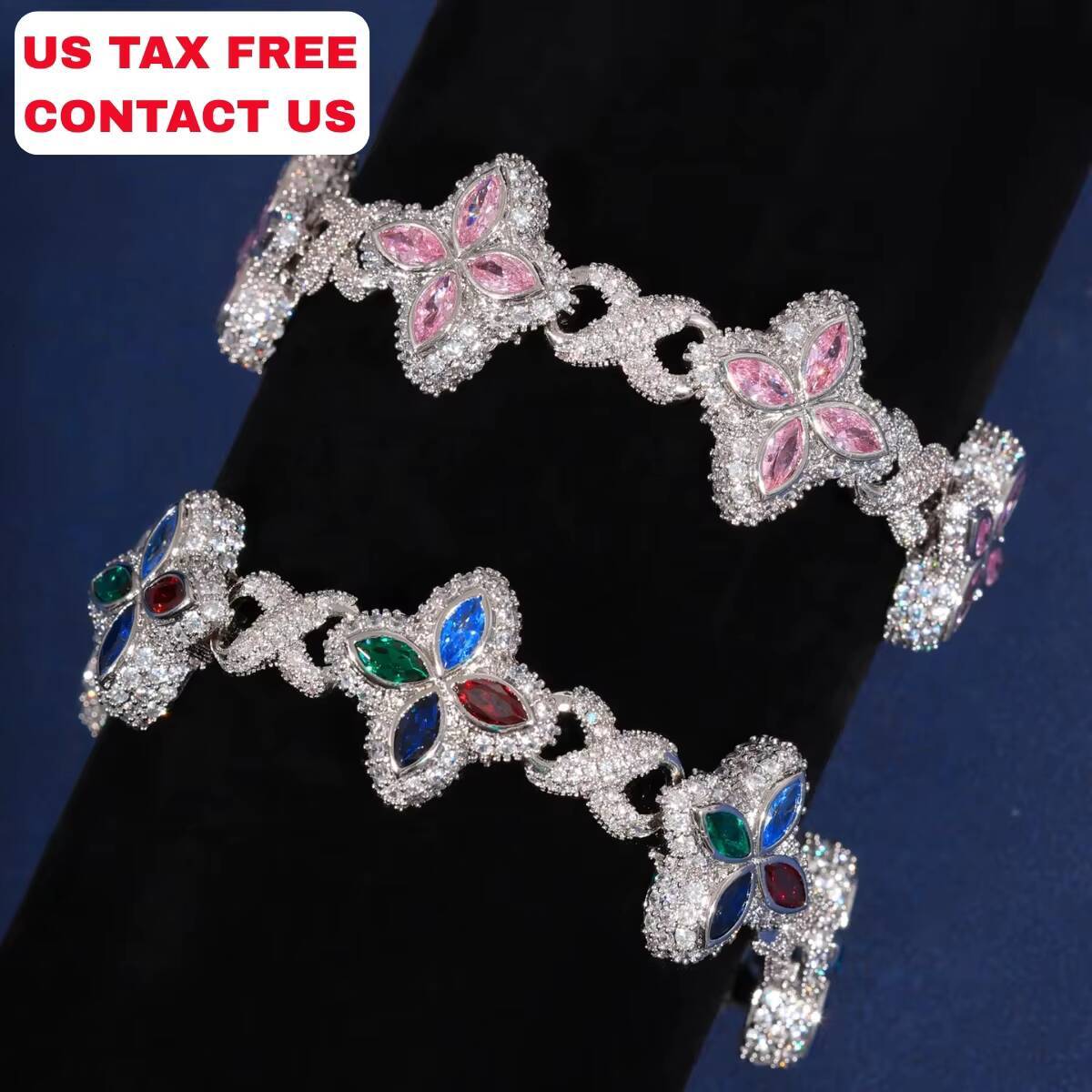 2025 New Arrival Hip Hop Pink White Colorful CZ Clover Bracelet Necklace Brass Iced Out Flower 5A Zircon Cuban Chain for Men