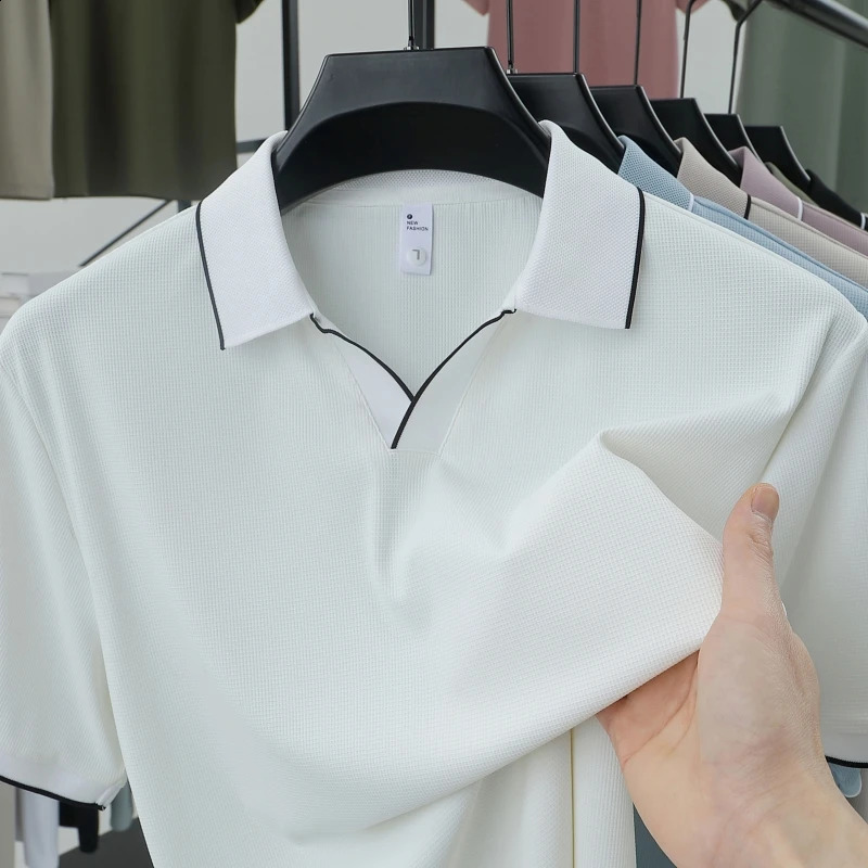 2025 summer high-end polo shirt fashion trend mens cotton t-shirt ice silk business casual lapel short sleeved solid 250411